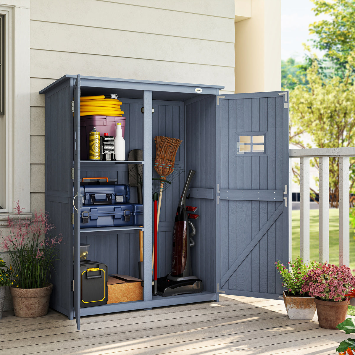 4' x 1.5' Wooden Garden Storage Shed, Outdoor Tool Cabinet Organizer with Windows and Double Door – Dark Grey