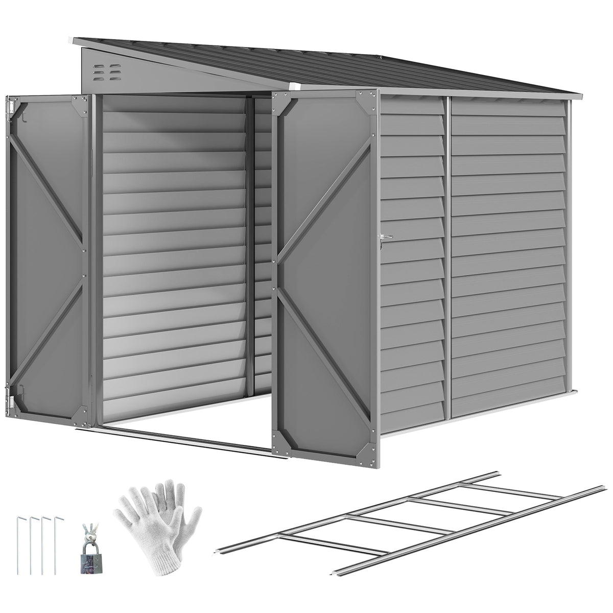 4.6' x 9' Steel Outdoor Storage Shed, Lean to Shed w/ Foundation Kit, Lockable Doors, Gloves & Air Vents for Backyard, Patio – Grey