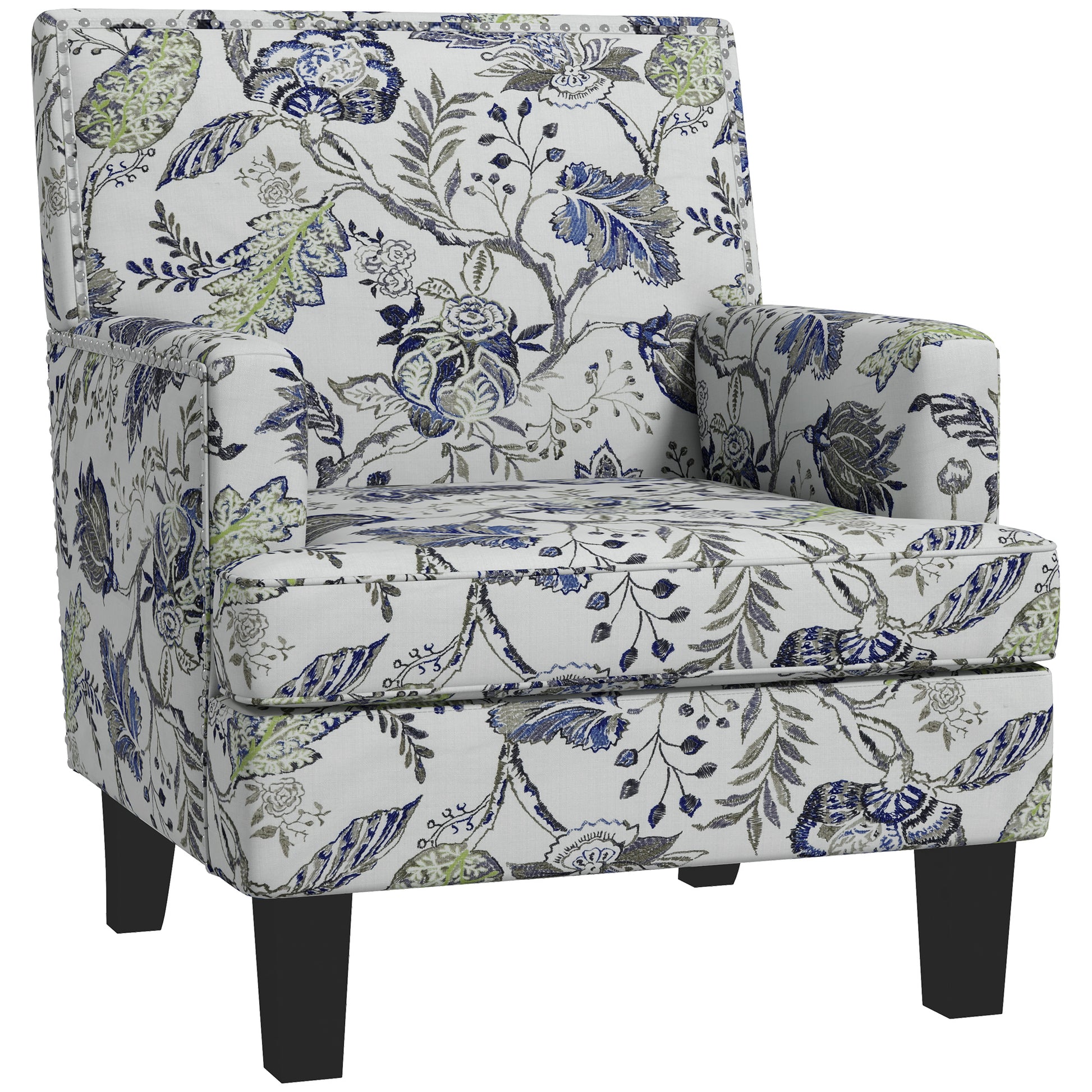 HOMCOM Mid-Century Upholstered Accent Armchair, Floral Pattern, Nailhead Trim, Multicolour