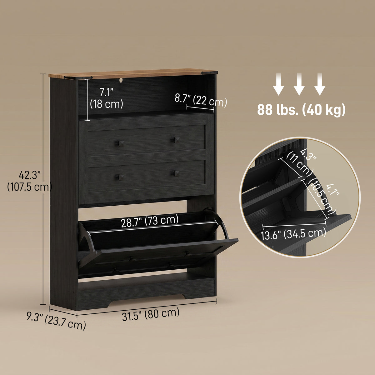 Slim Entryway Shoe Cabinet with 2 Flip Drawers – 31"W x 43"H