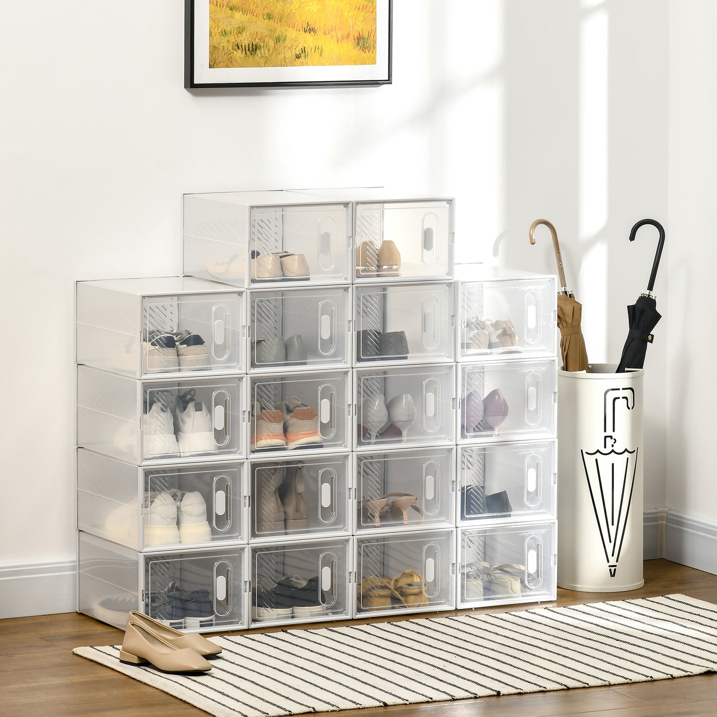 HOMCOM 18-Cube Modular Stackable Shoe Organizer Cabinet, Clear White, Entryway Hallway Closet