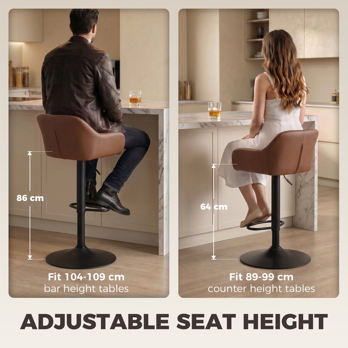PU Leather Swivel Counter Stools with Arms and Backrest, Adjustable, Set of 2, Brown