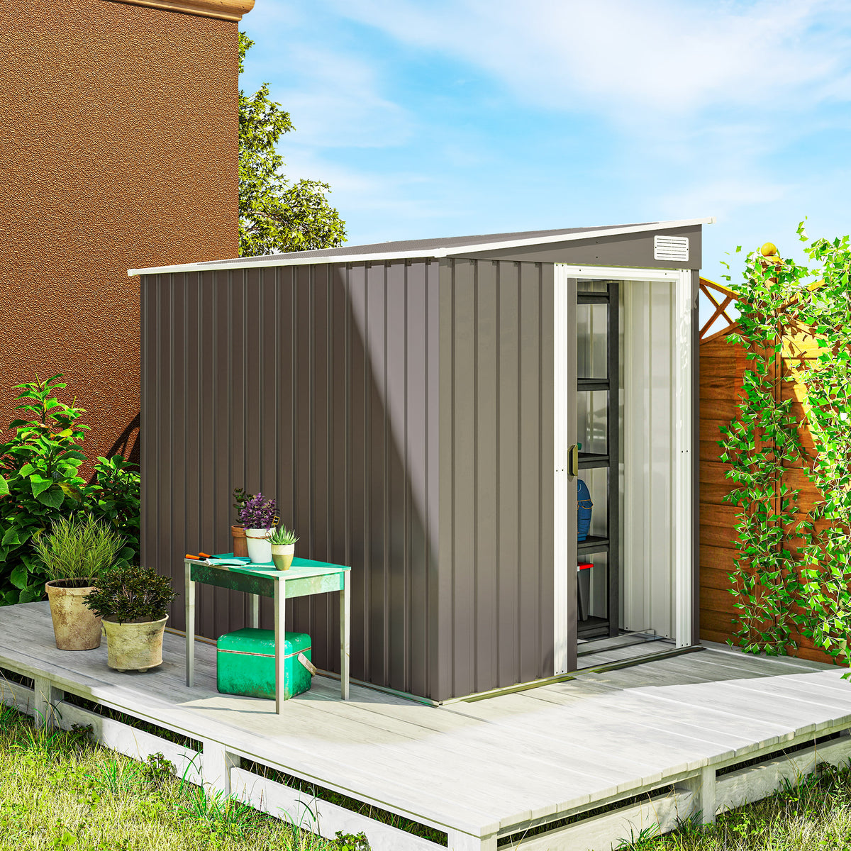 5'x7' Lean to Metal Garden Shed with Foundation, Outdoor Tool Shed with Sliding Door and 2 Vents – Light Grey