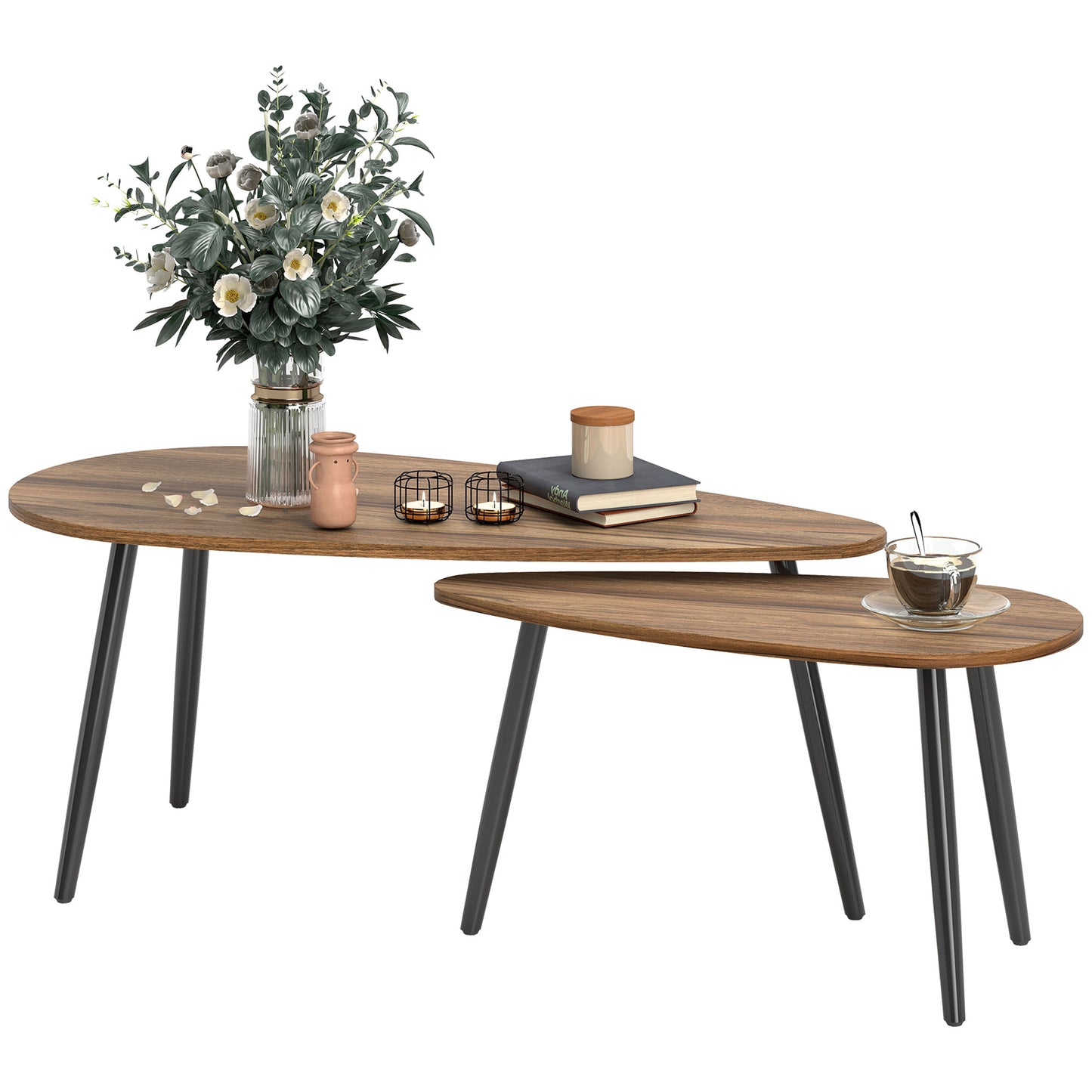 HOMCOM Industrial 2-Piece Nesting Coffee Table Set, Brown Wood-Effect Steel Legs