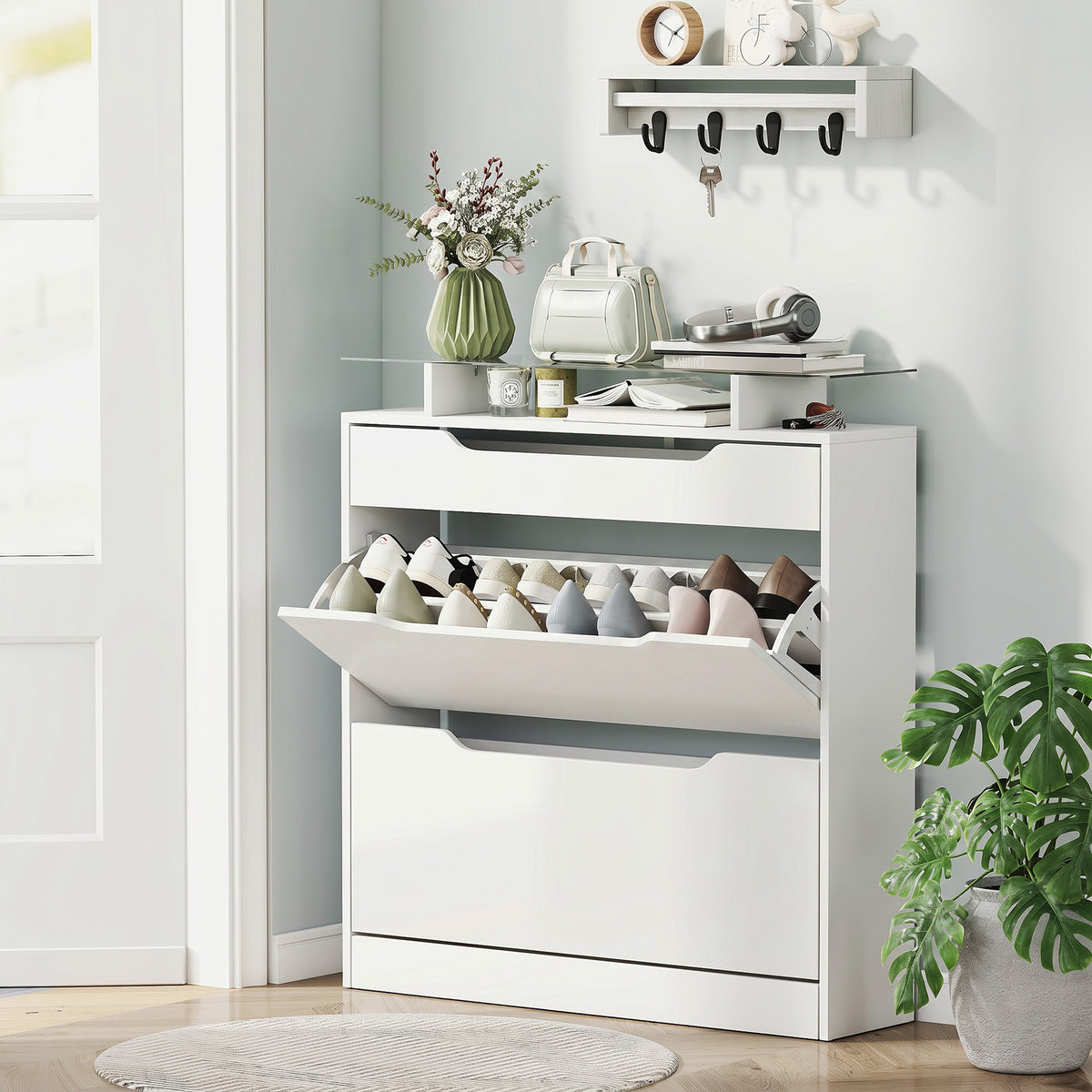 High Gloss Shoe Cabinet with 2 Flip Drawers – 35"W x 38"H