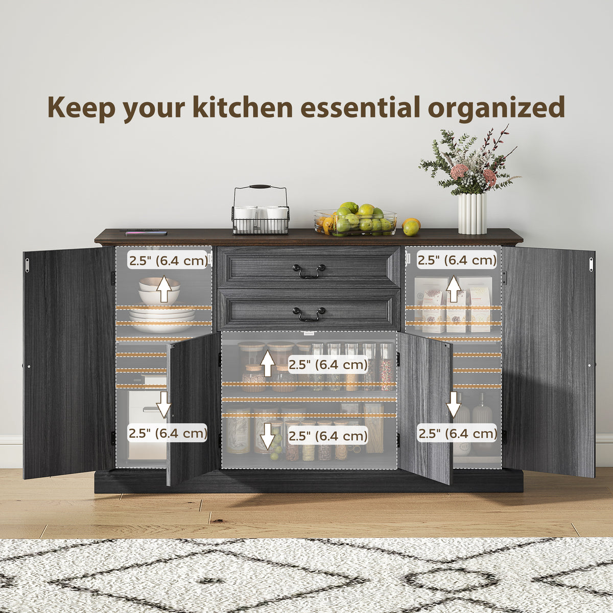 Farmhouse Sideboard with Charging Station and Thickened Top – 58"W x 34"H