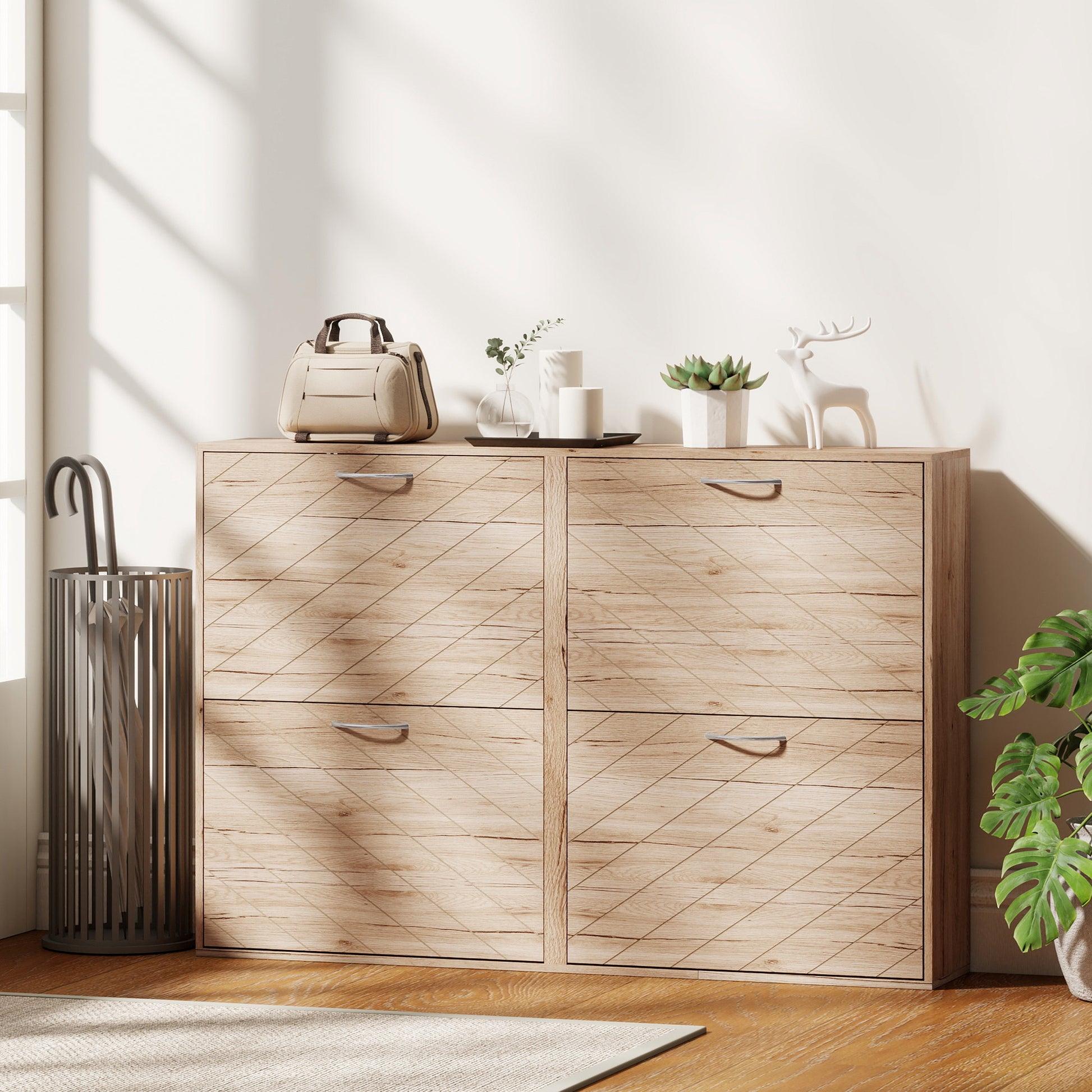 HOMCOM Slim Oak 4-Drawer Shoe Cabinet for 12 Pairs, Entryway Storage