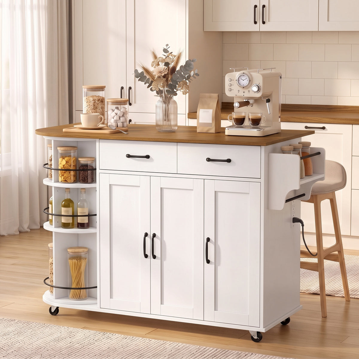 Kitchen Island with Power Outlet and Drop Leaf – 53"W x 35"H
