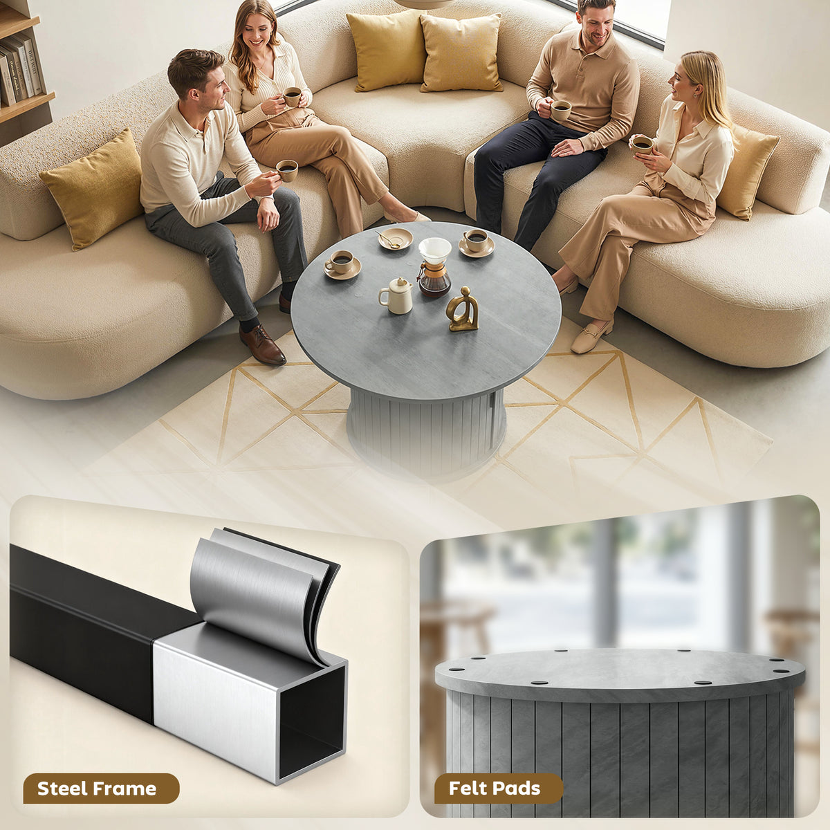 31.5" Round Coffee Table with Slatted Storage Pedestal, Cement Grey