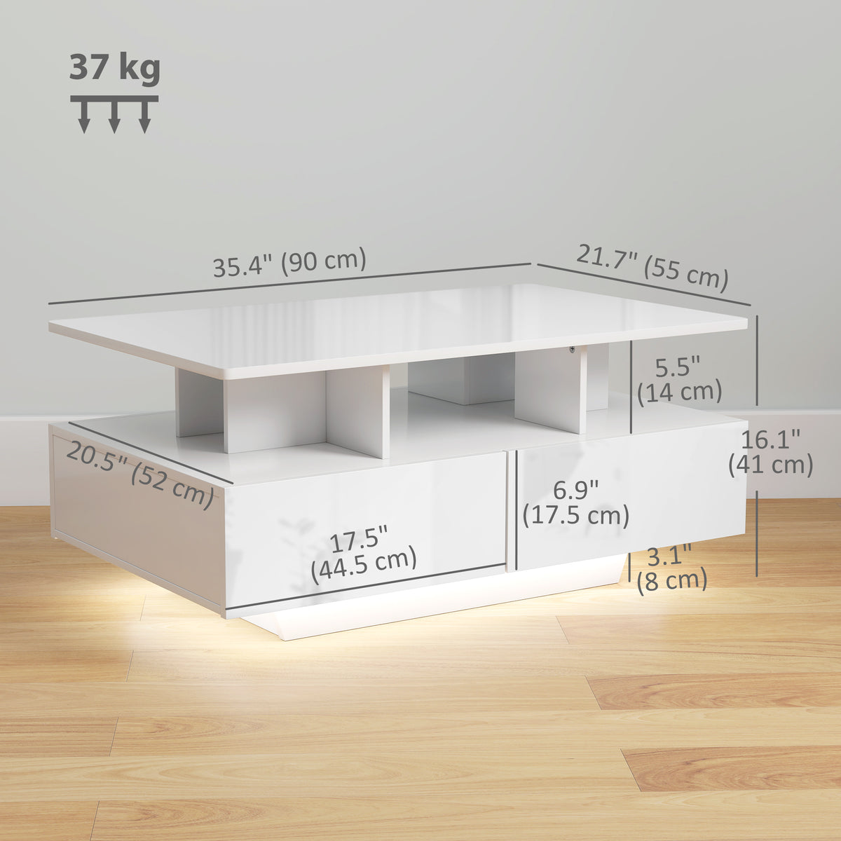 RGB LED Coffee Table with 4 Drawers and Open Shelf, High Gloss White