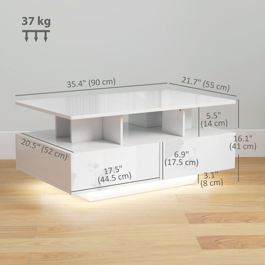 RGB LED Coffee Table with 4 Drawers and Open Shelf, High Gloss White