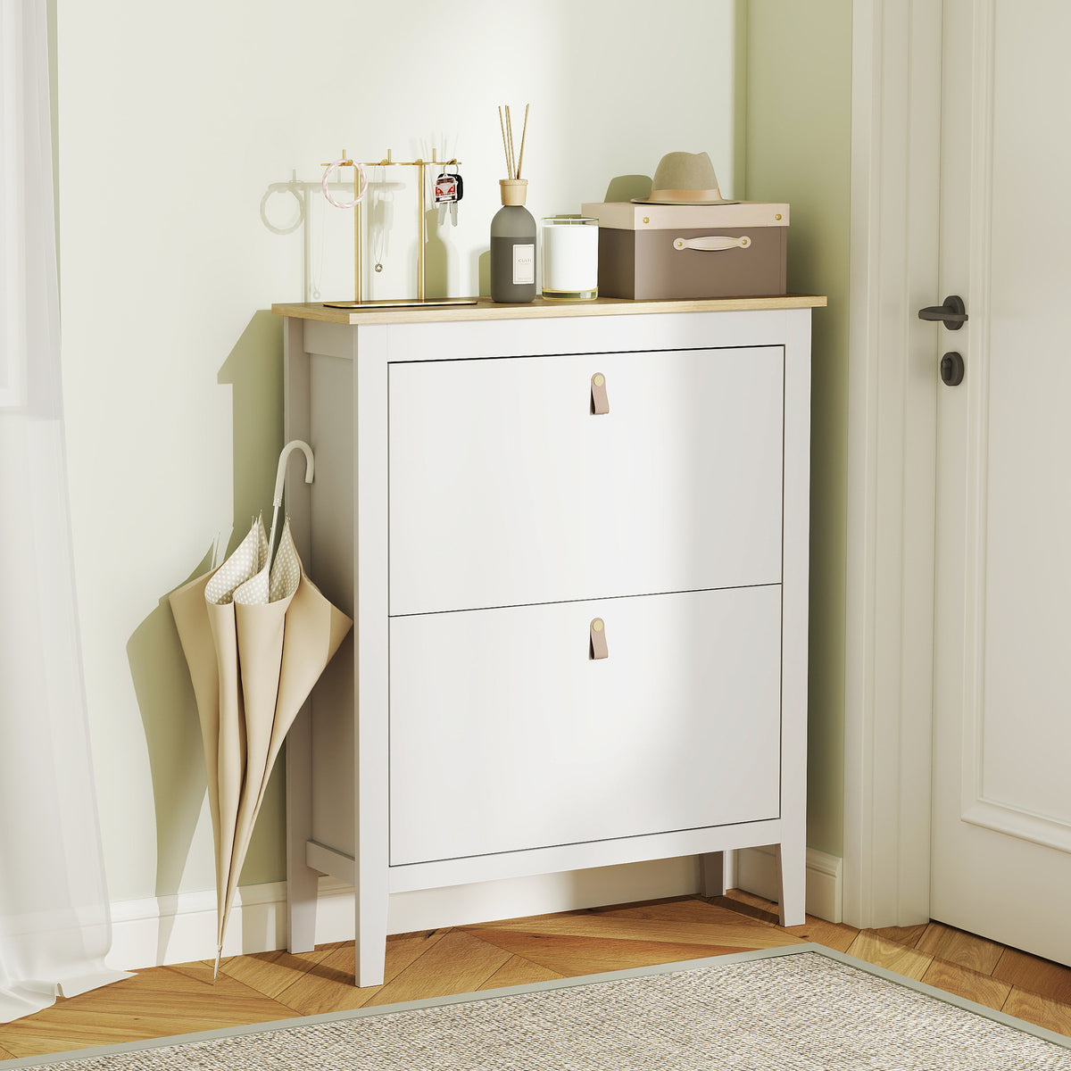 Narrow Shoe Cabinet with 2 Flip Drawers – 31"W x 38"H