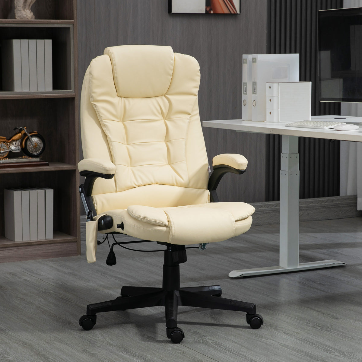 Heated Massage Office Chair, Adjustable High Back Leather Vibrating Executive Chair, Beige