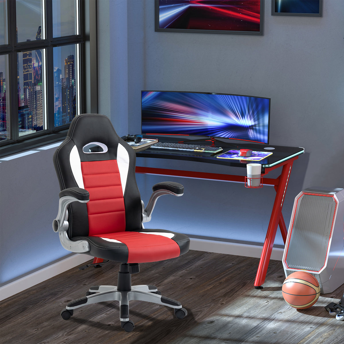 Racing Gaming Chair, PU Leather Executive Computer Desk Chair with Adjustable Height, Red