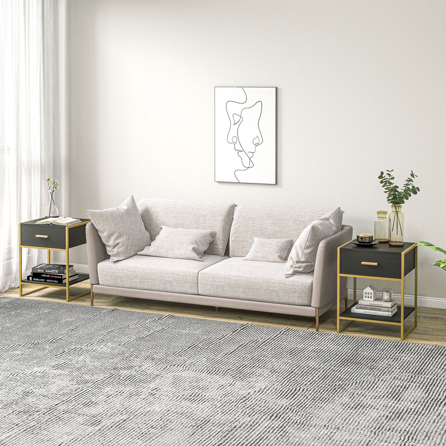 HOMCOM Modern Black Nightstand Set: Drawer, Shelf, Steel Frame