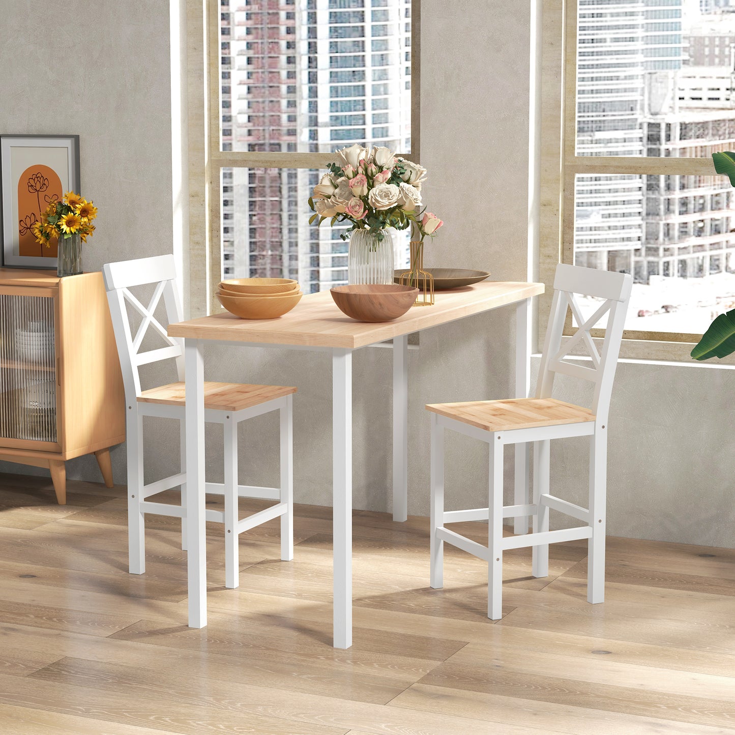 HOMCOM Set of 2 Farmhouse Solid Wood Counter Height Bar Stools