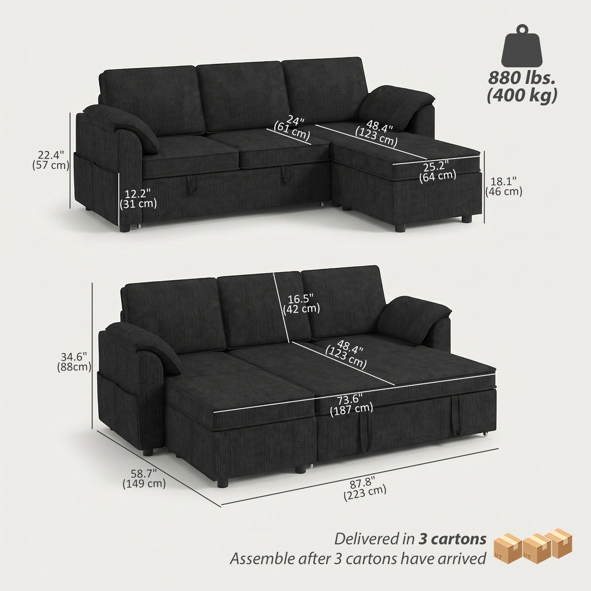 Reversible Pull-Out Sleeper Sectional with Storage Ottoman