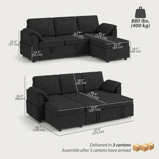 Reversible Pull-Out Sleeper Sectional with Storage Ottoman