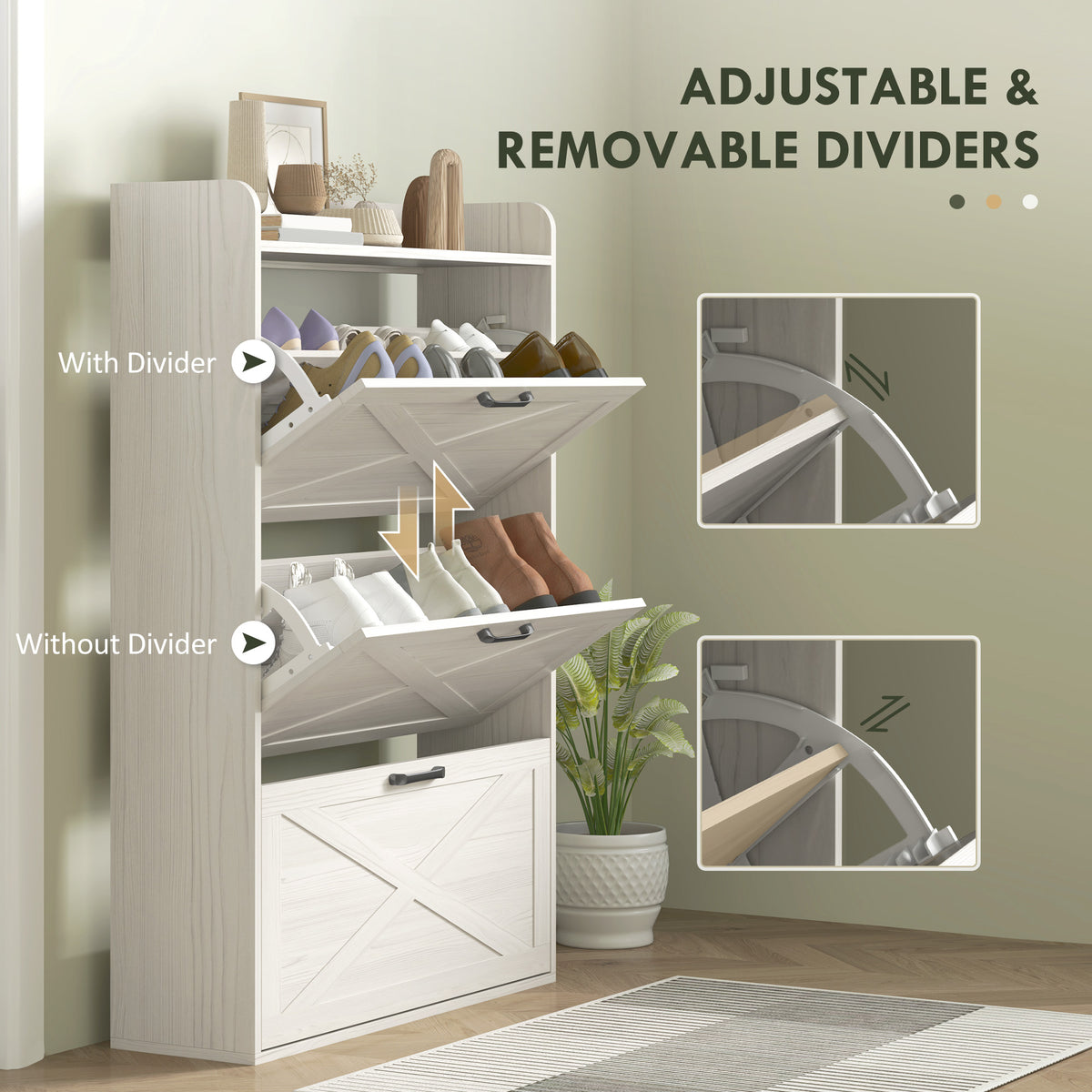 Farmhouse Shoe Cabinet with 3 Flip Drawers – 31"W x 49"H