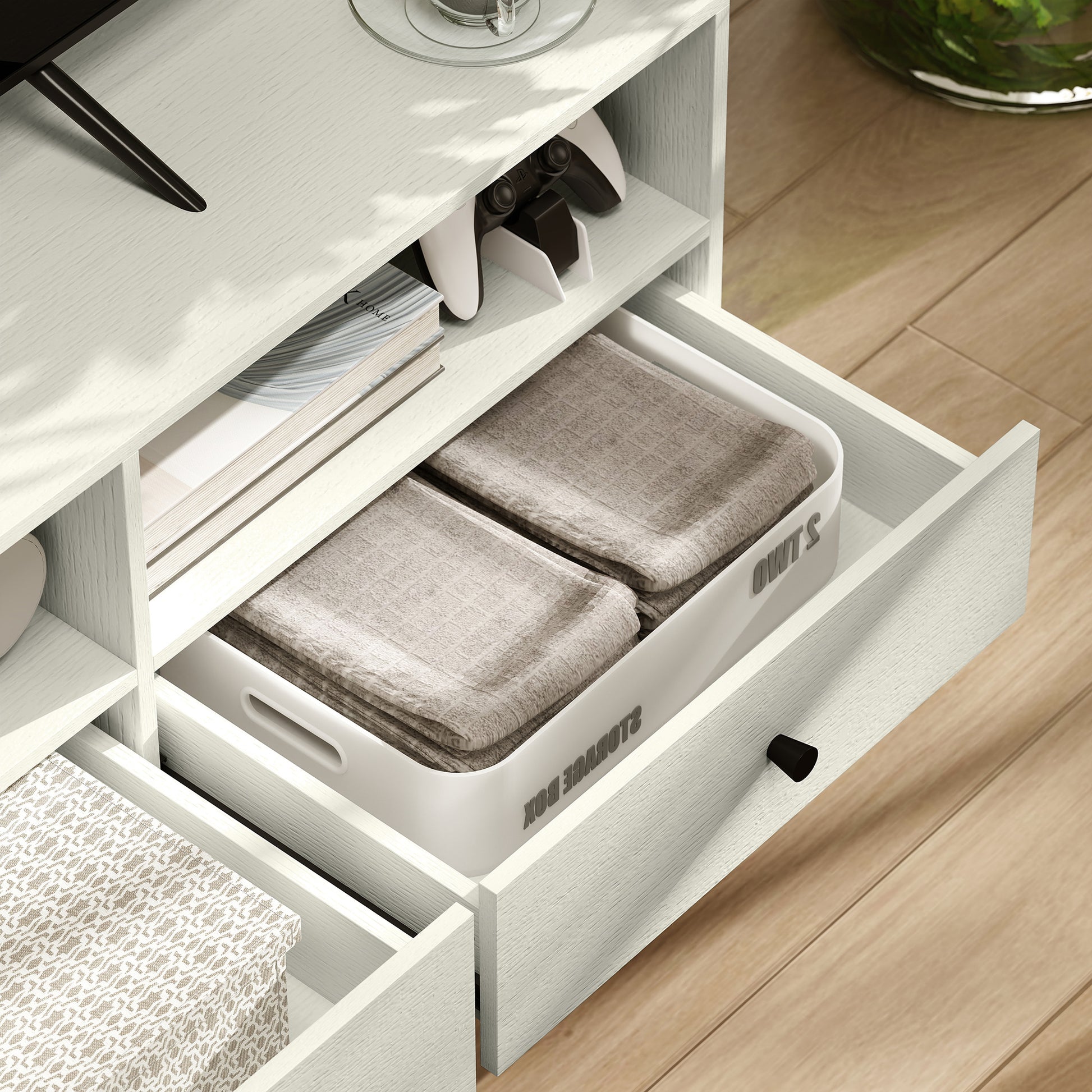 HOMCOM White Modern TV Stand for 75 Inch TVs, 3 Shelves, 3 Drawers