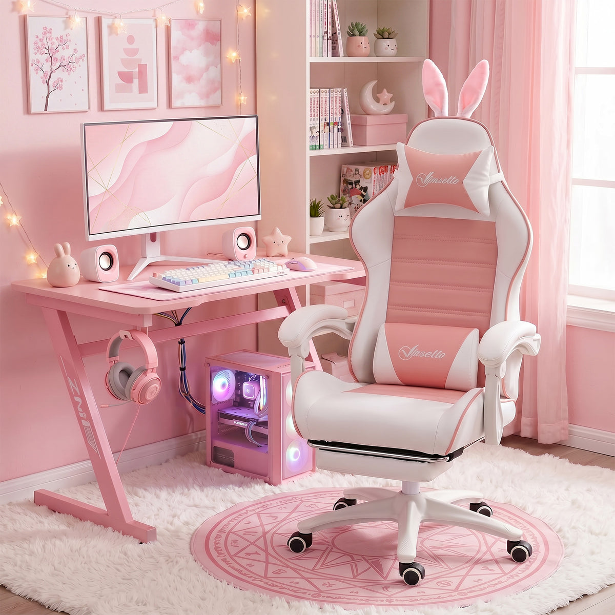 Cute Racing Gamer Chair, PU Leather Gaming Chair with Footrest, Pink