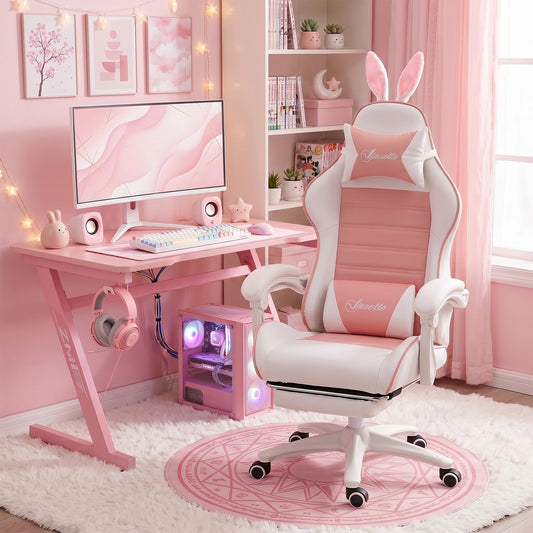 Cute Racing Gamer Chair, PU Leather Gaming Chair with Footrest, Pink