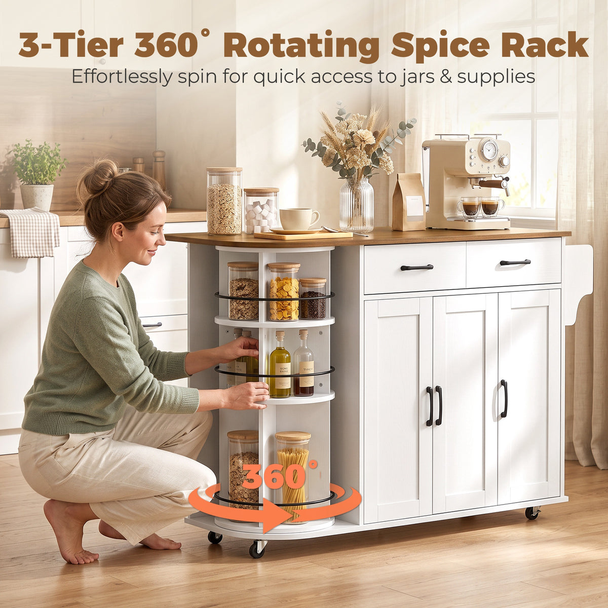 Kitchen Island with Power Outlet and Drop Leaf – 53"W x 35"H