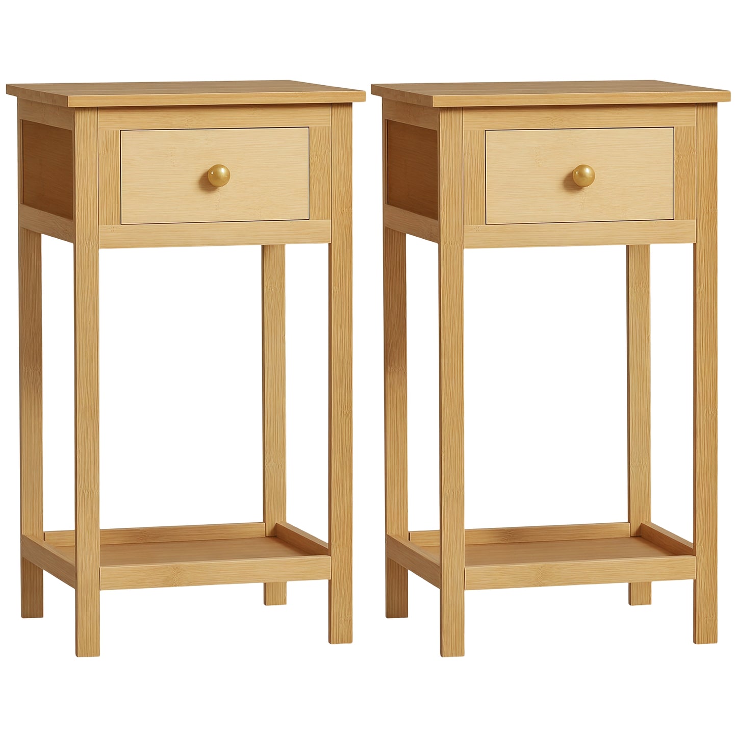 HOMCOM Slim Bamboo Side Table Nightstand with Drawer and Storage Shelf, Natural