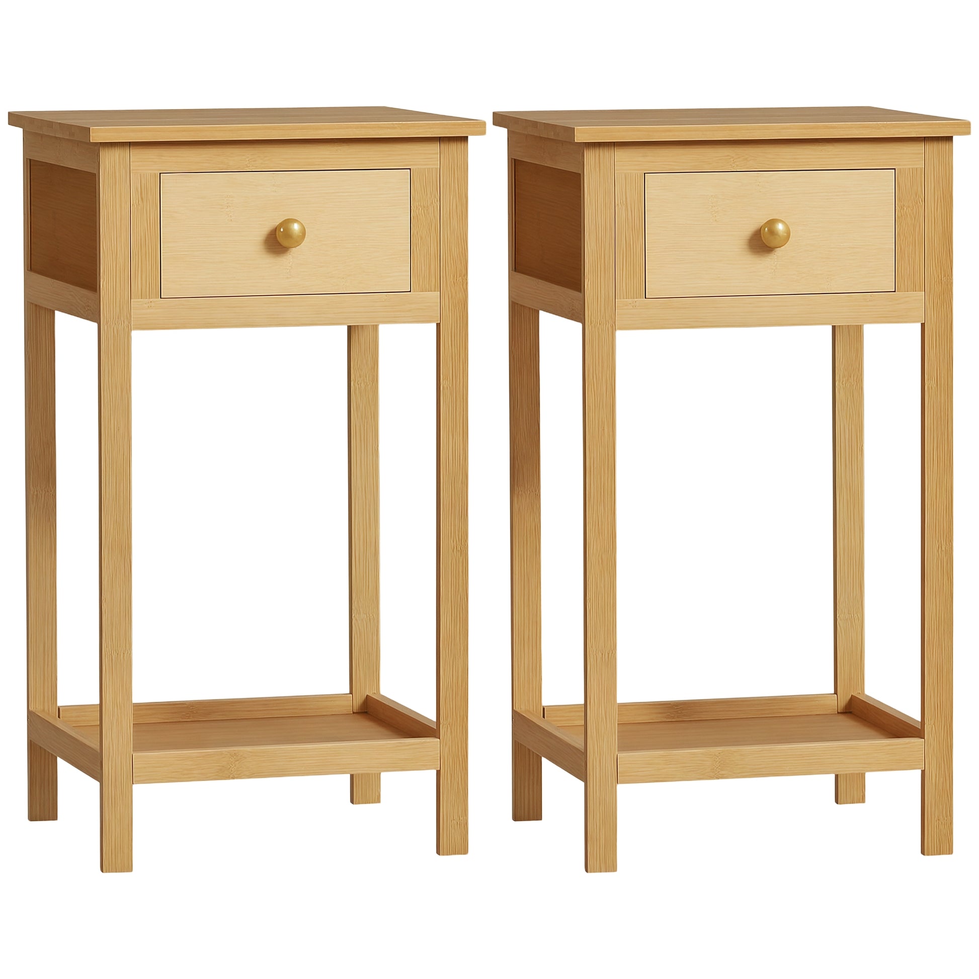 HOMCOM Slim Bamboo Side Table Nightstand with Drawer and Storage Shelf, Natural