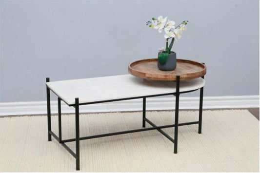 Marble-Look Coffee Table with Black Metal Frame