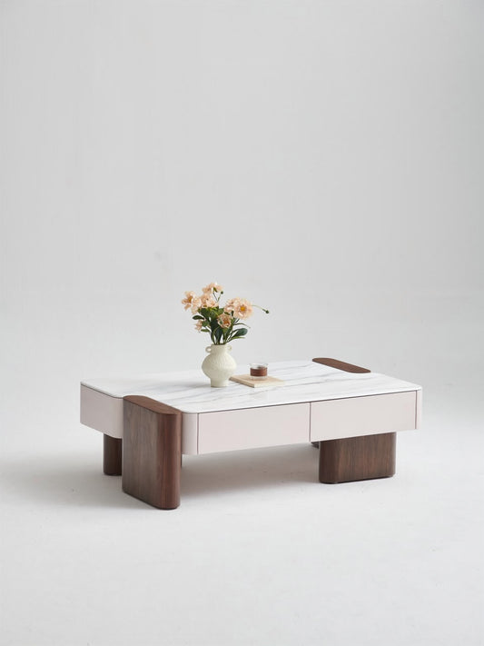 Marble-Look Coffee Table with Wood Base