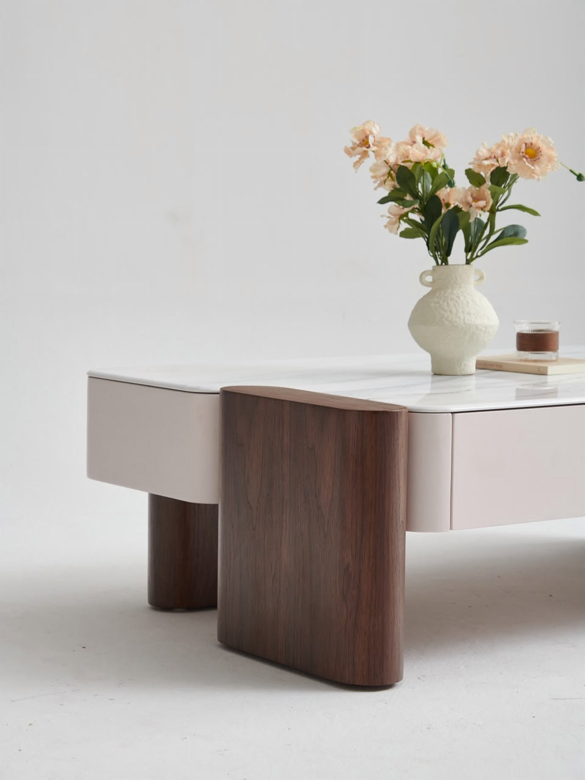 Marble-Look Coffee Table with Wood Base
