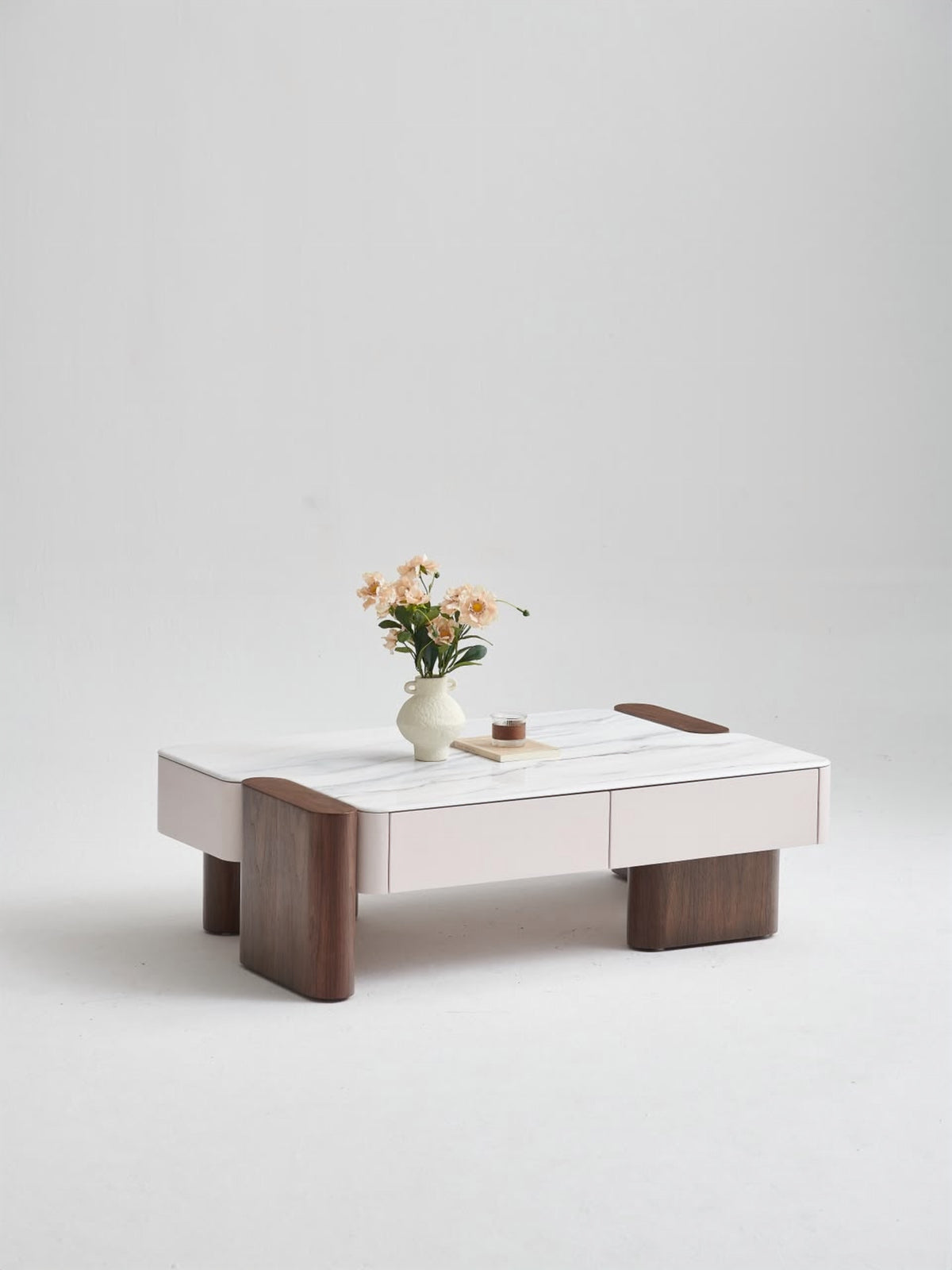 Marble-Look Coffee Table with Wood Base
