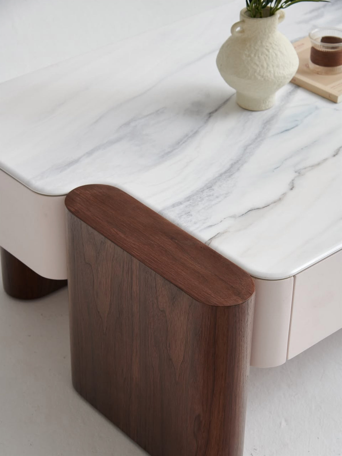 Marble-Look Coffee Table with Wood Base
