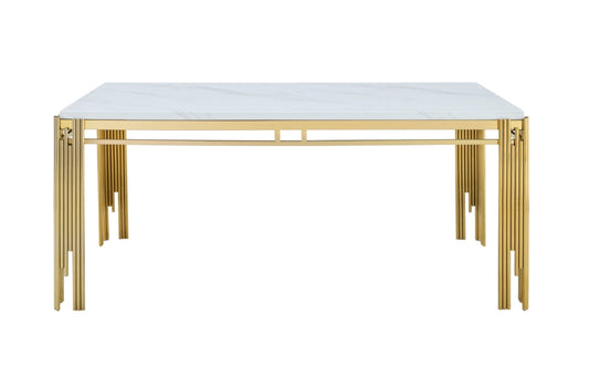 Marble-Look Dining Table with Gold Fluted Legs