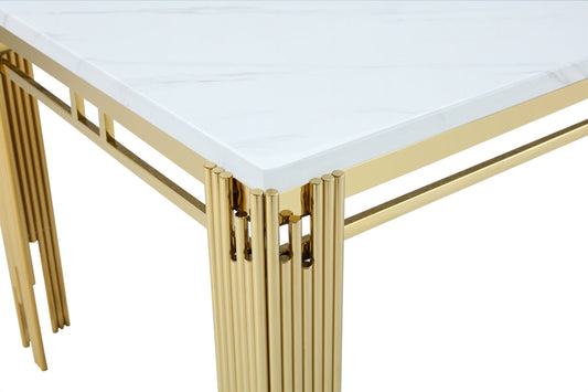 Marble-Look Dining Table with Gold Fluted Legs