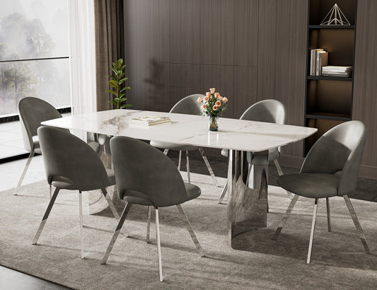 Matte Snow White Sintered Stone Dining Set with Stainless Legs