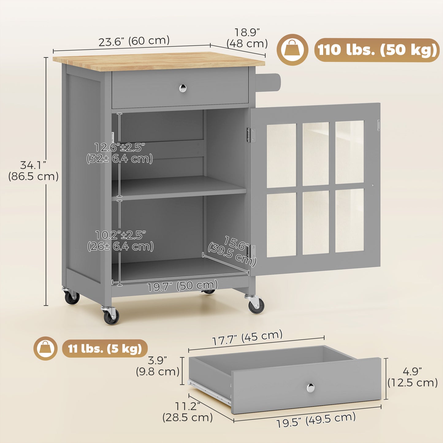 HOMCOM Rolling Kitchen Cart Drawer and Glass Door, Dark Grey
