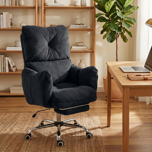 Office Chair with Footrest, Ergonomic Reclining Computer Gaming Chair with Snow Flannel Fabric, Black
