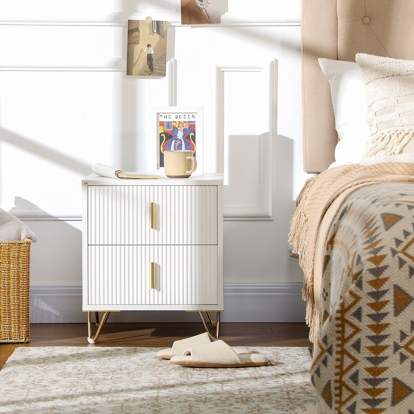 Modern White Nightstand Bedside Table with 2 Storage Drawers, Gold Metal Legs