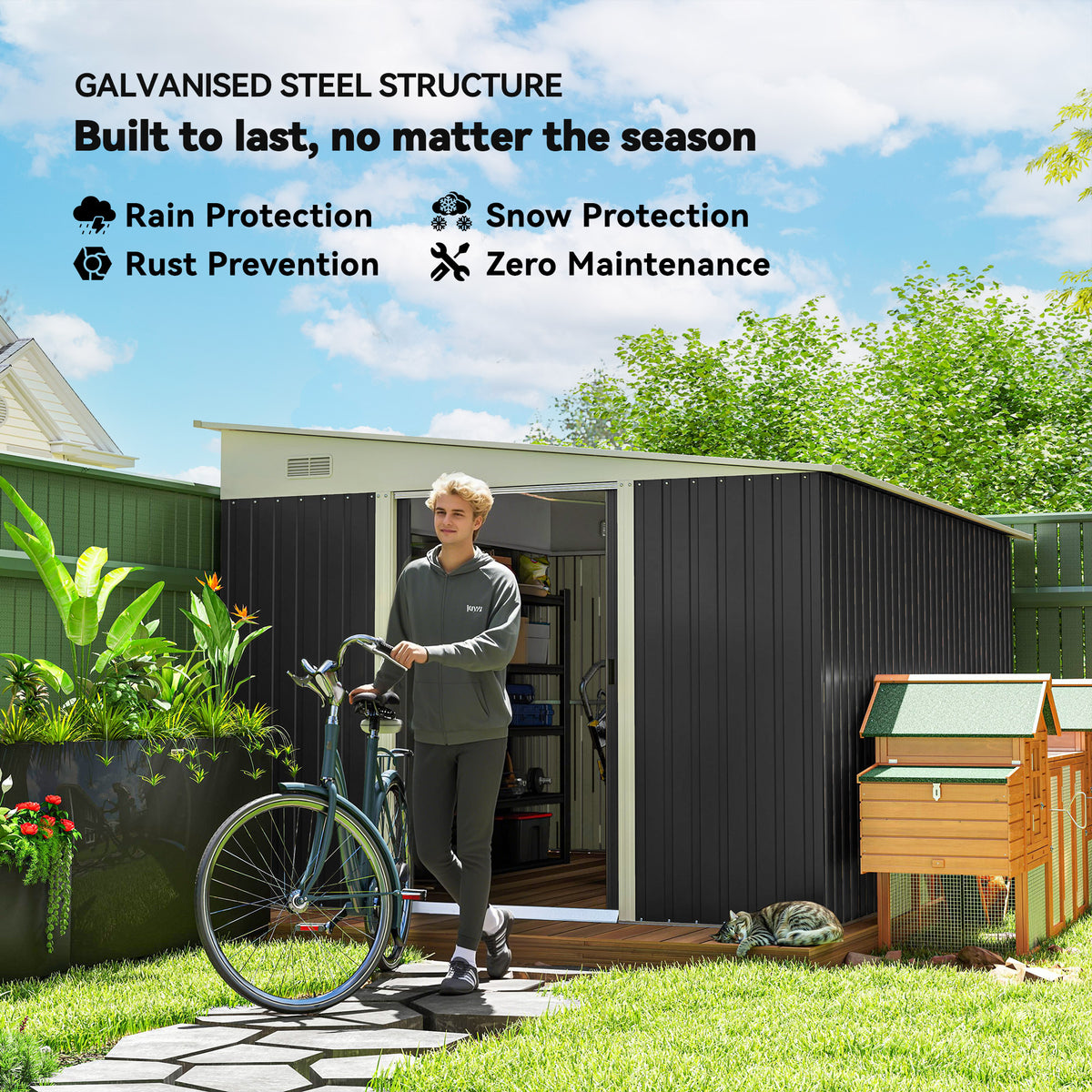 11' x 9' Steel Garden Storage Shed, Outdoor Metal Tool House with Double Sliding Doors – Dark Grey
