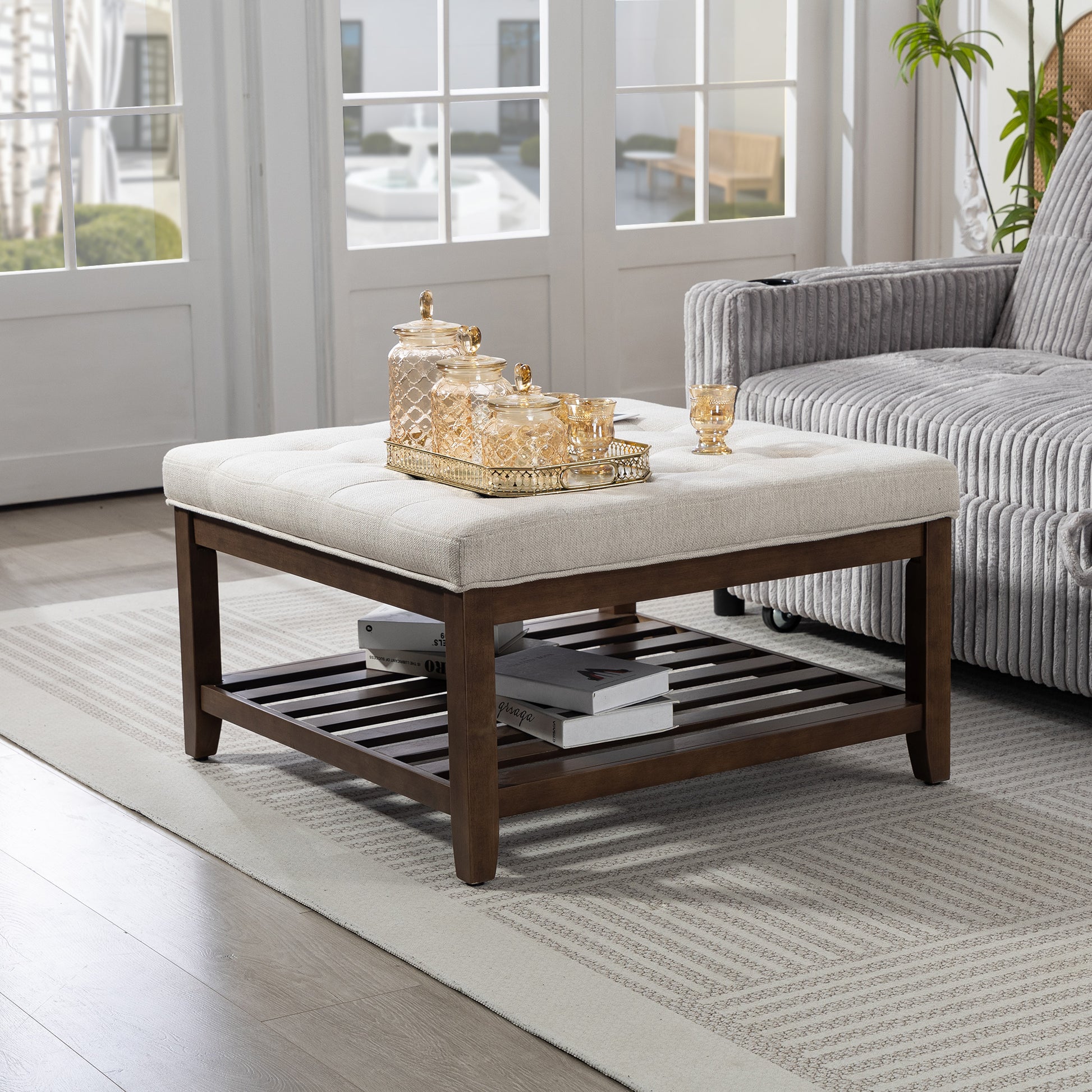 HOMCOM 32-inch Square Ottoman Coffee Table with Storage, Linen Upholstered Beige