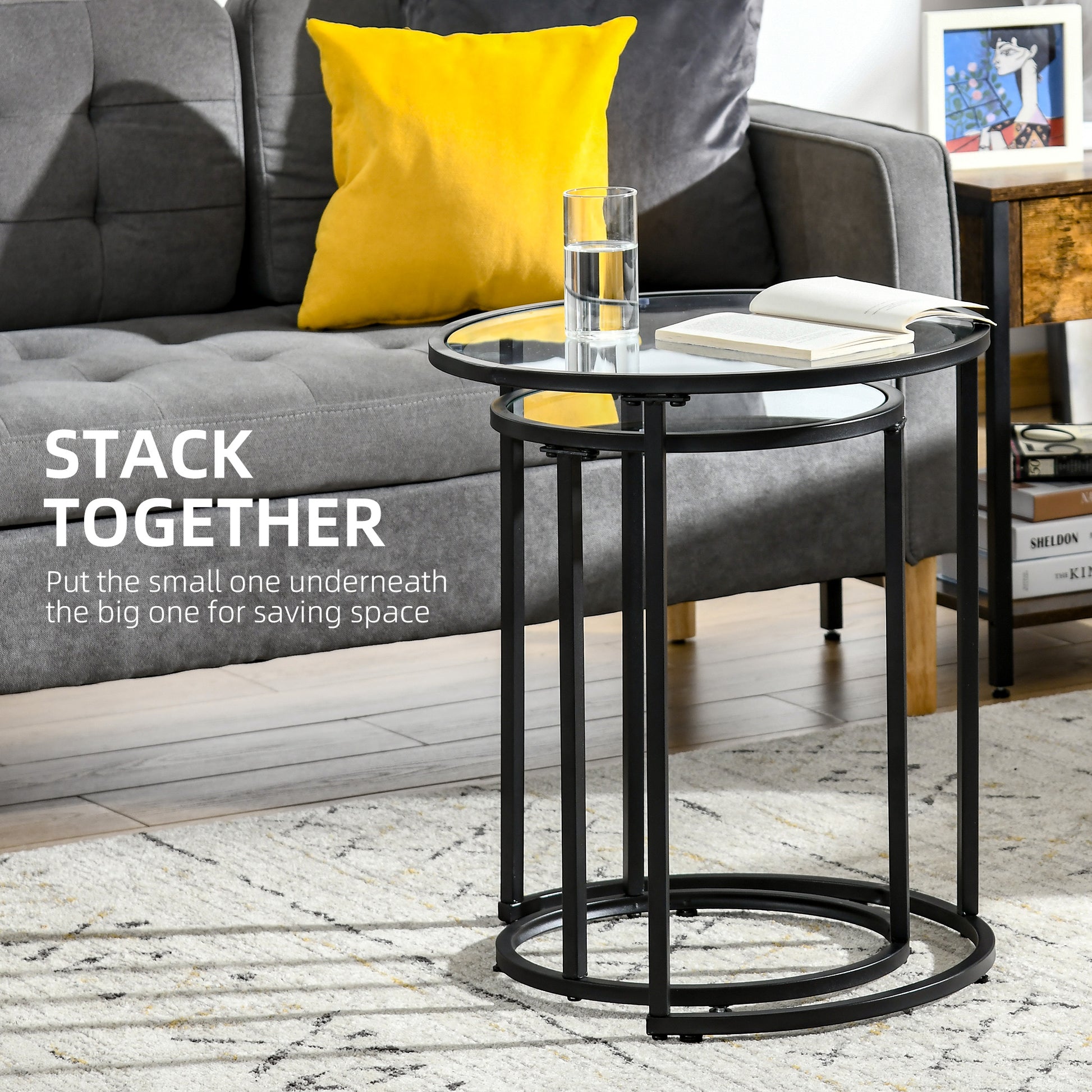 HOMCOM 2-Piece Nesting Round Coffee Tables, Tempered Glass Tops, Black Metal Base