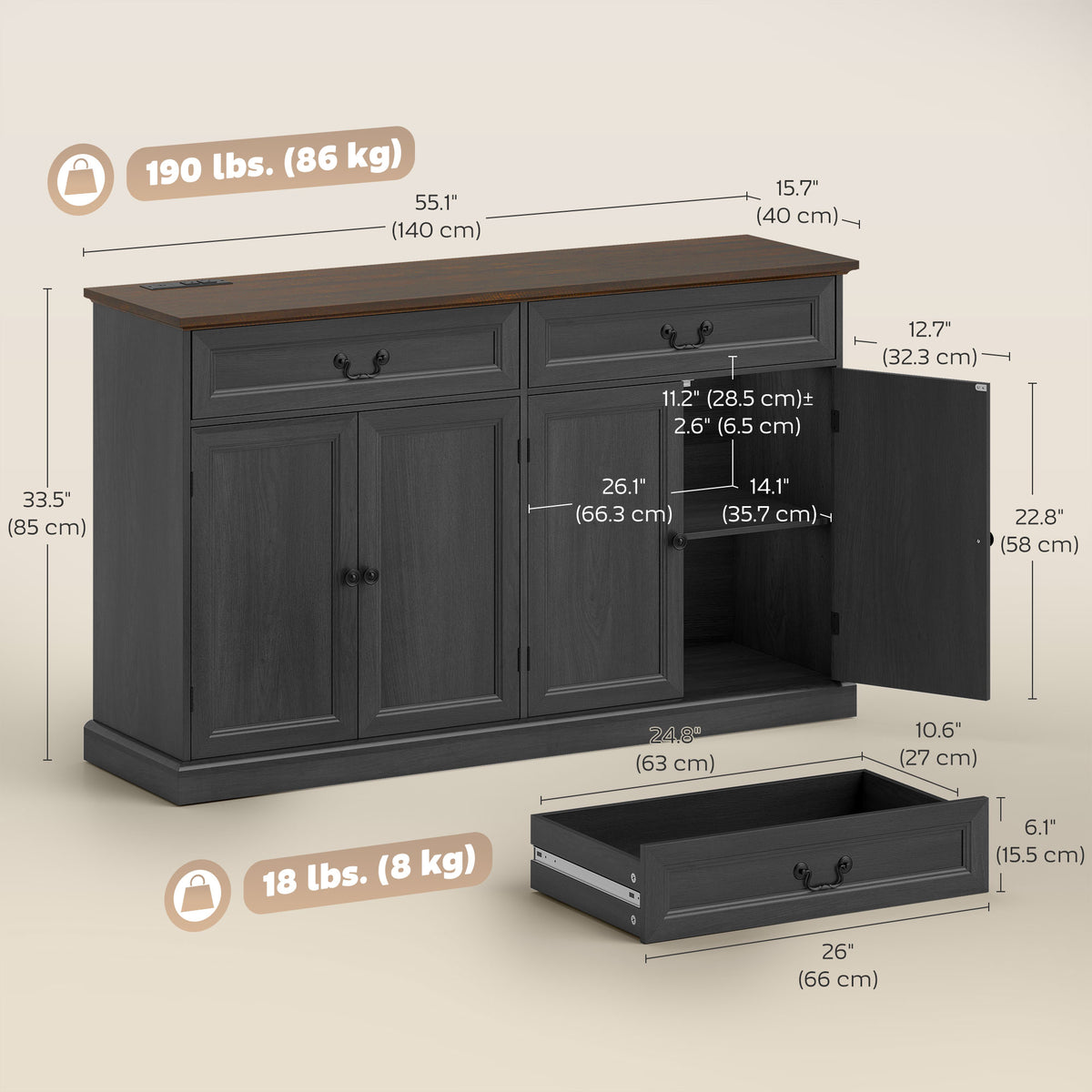 Farmhouse Sideboard with Charging Station – 55"W x 33"H