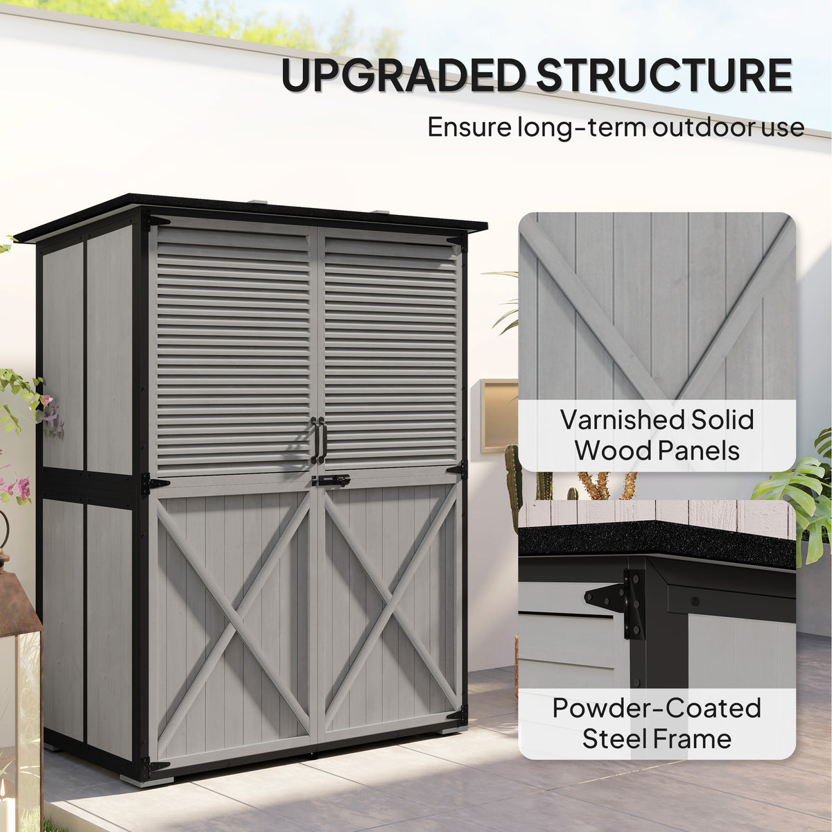 Outdoor Storage Cabinet, Wood Garden Shed with Steel Frame, Asphalt Roof, 2 Shelves and Lockable Doors