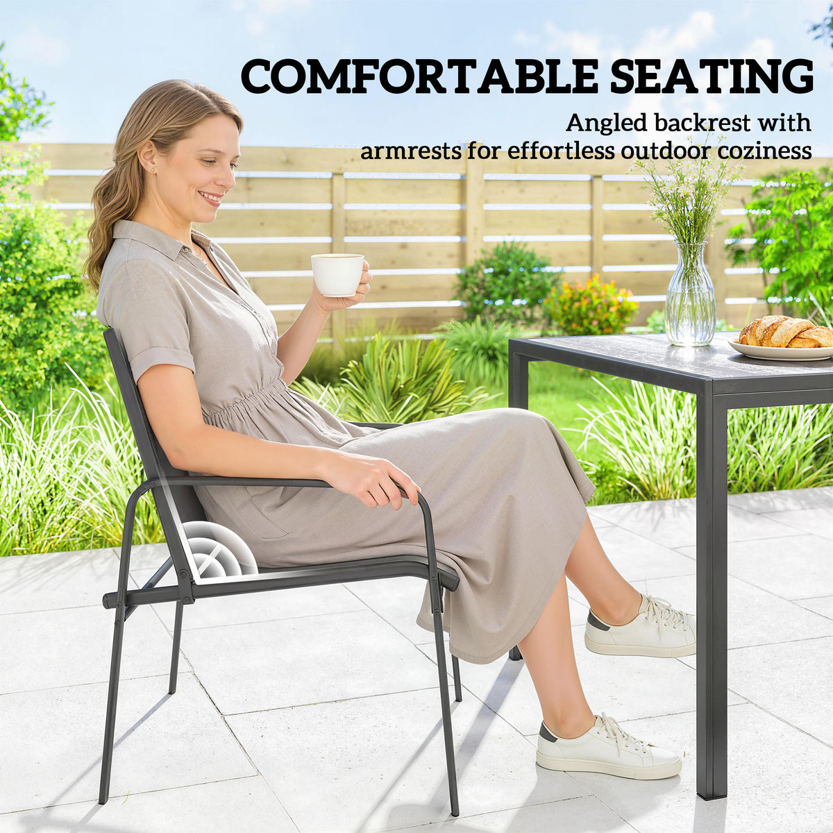 Outdoor Dining Set for 6, Faux Wood Patio Table and Chairs with Breathable Mesh Seat, Galvanized Steel Frame