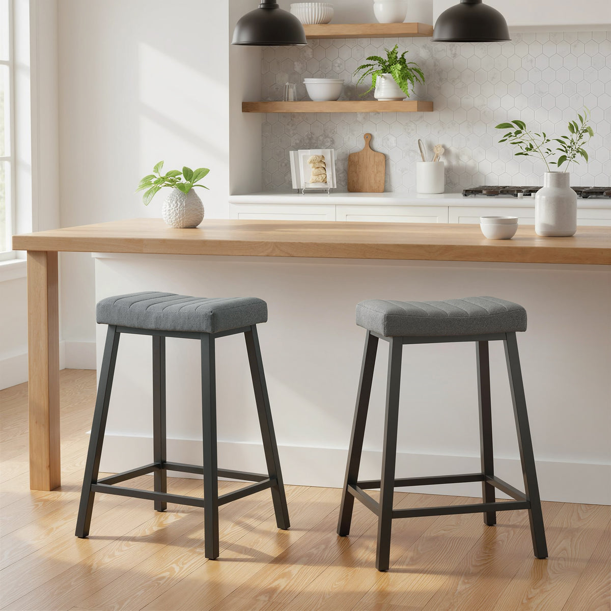 Velvet Counter Stools with Curved Saddle Seat and Footrest, Set of 2, Grey