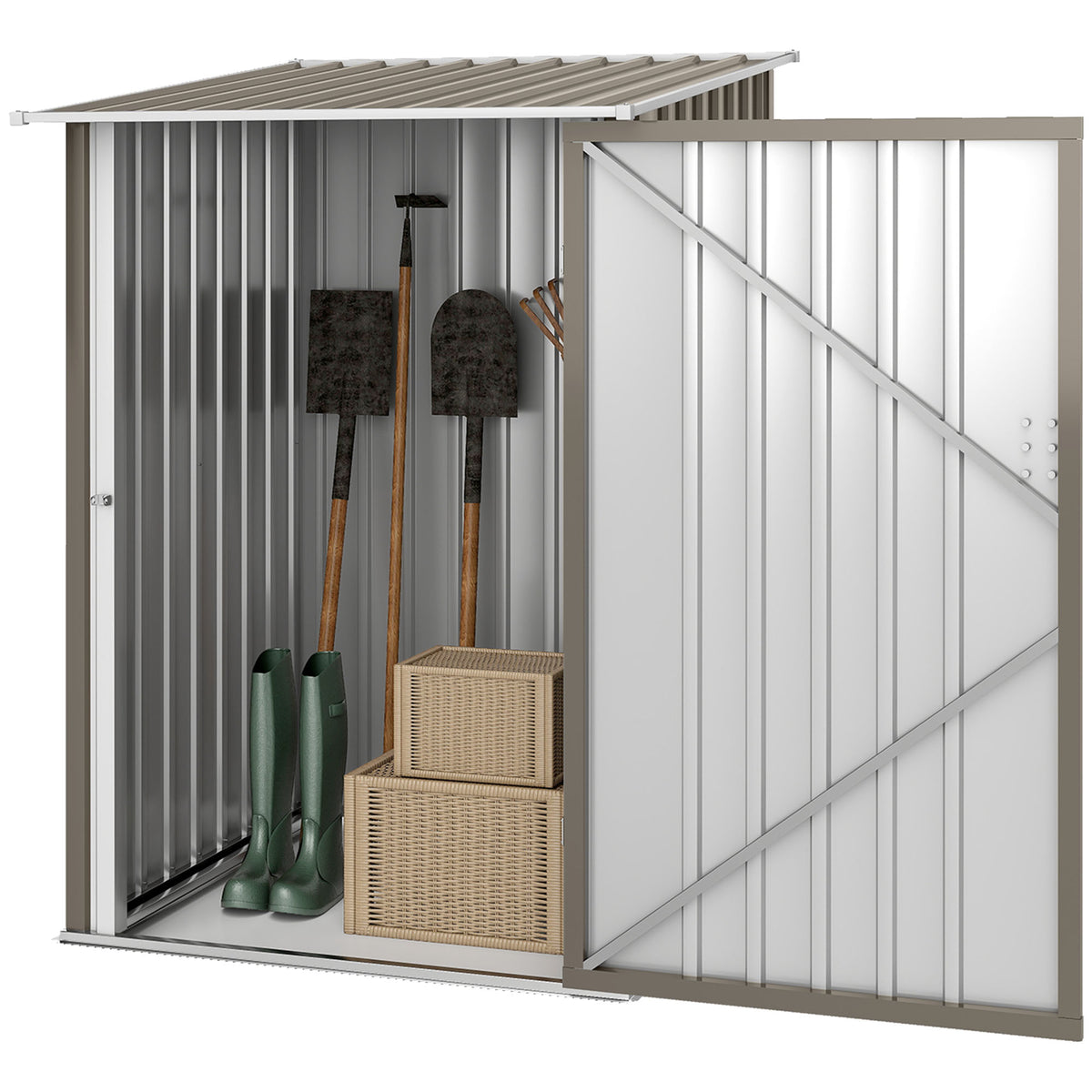 3.3' x 3.4' Lean-to Outdoor Garden Storage Shed, Galvanized Steel with Lockable Door for Patio – Brown And White