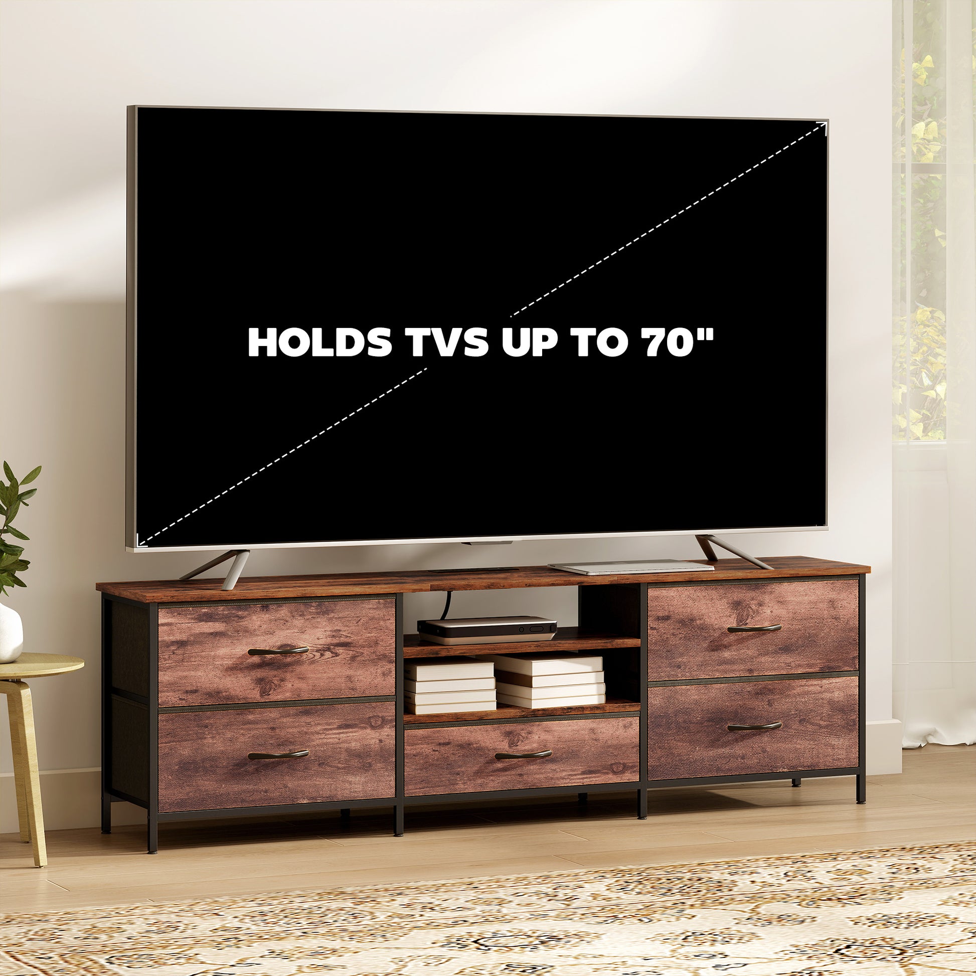 HOMCOM TV Stand for TVs up to 70 Inch, Industrial TV Console with Charging Station, 5 Drawers and Open Shelves, Rustic Brown