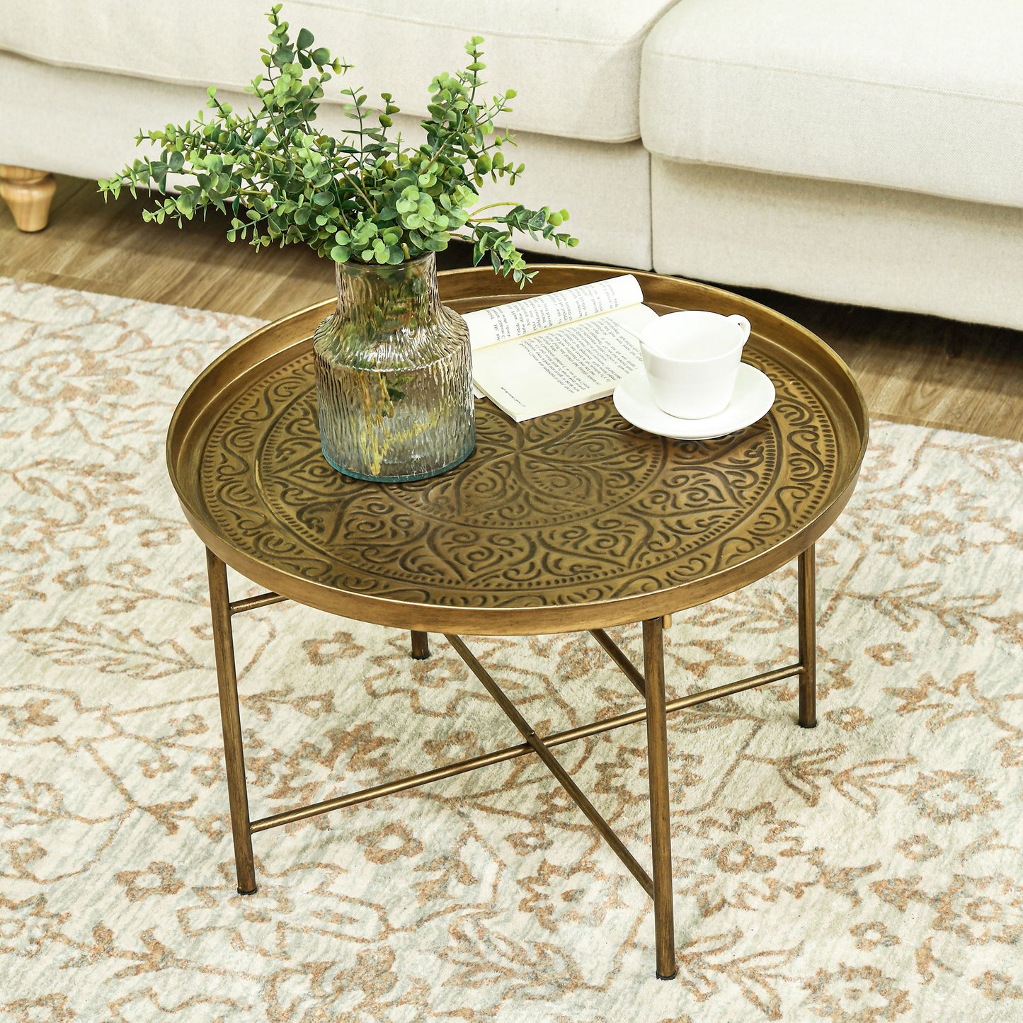 HOMCOM Vintage Gold Coffee Table 24" Round Center – Boho Elegance